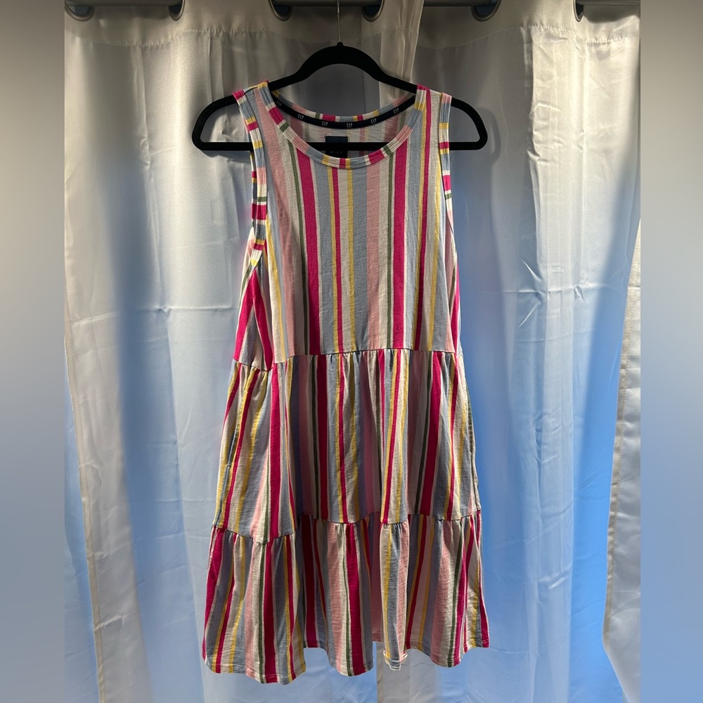 Gap, lightweight, tiered, sleeveless summer dress, multicolored striped